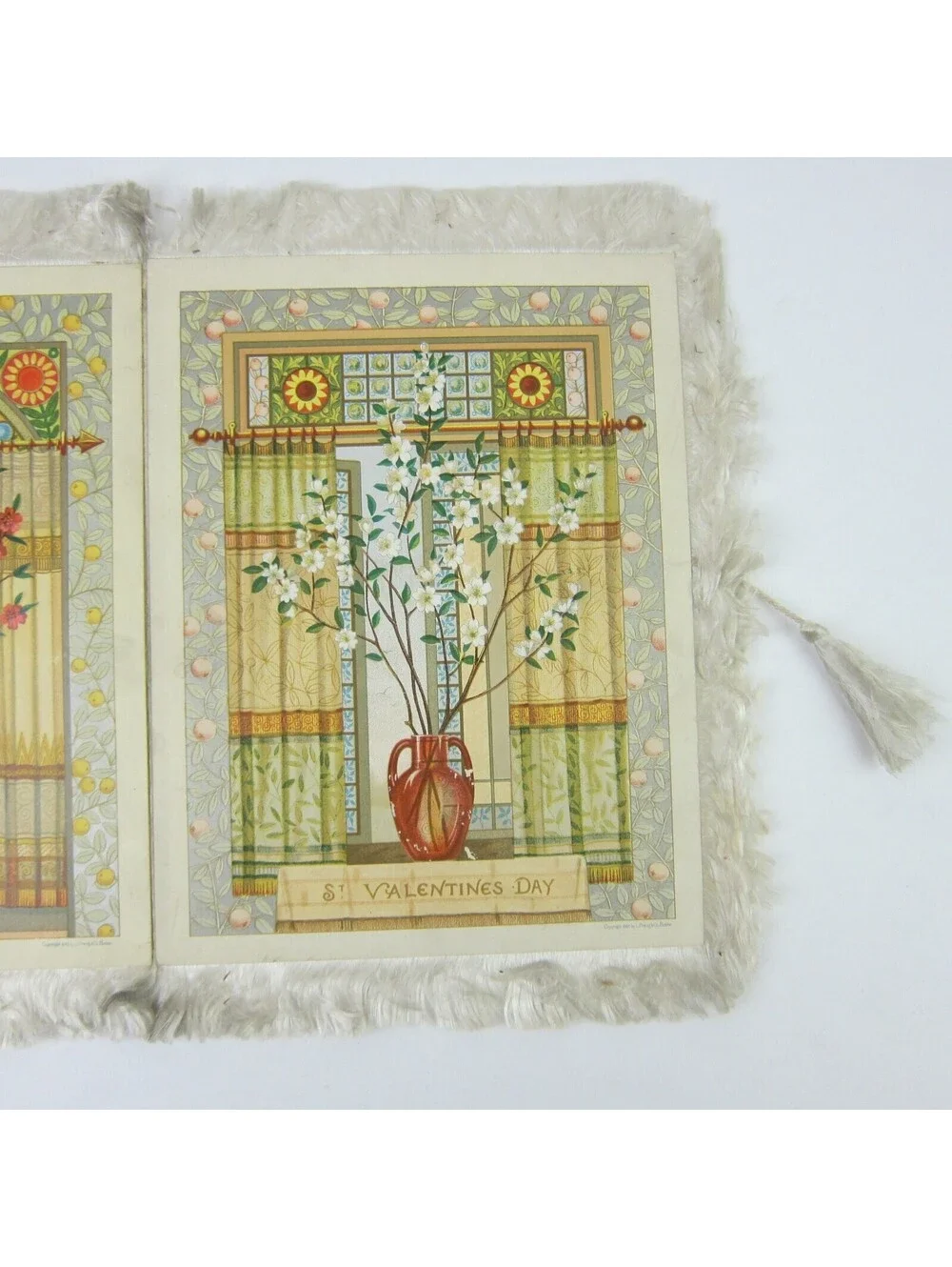 Victorian Valentine Card Girl Holds Bird Nest Silk Fringe 4 Panels Antique 1882